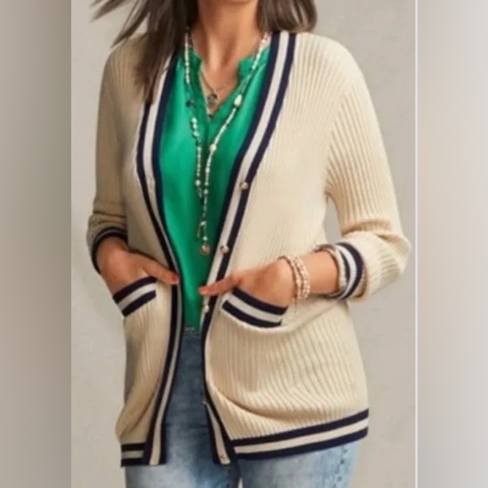 CABI Small NWOT Radcliffe Cardigan Ribbed Button Sweater Cream Navy #5458